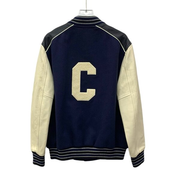 Celine Deep Blue & Cream Wool Varsity Jacket With Striped Trim Button-Up Front L - Picture 8 of 8